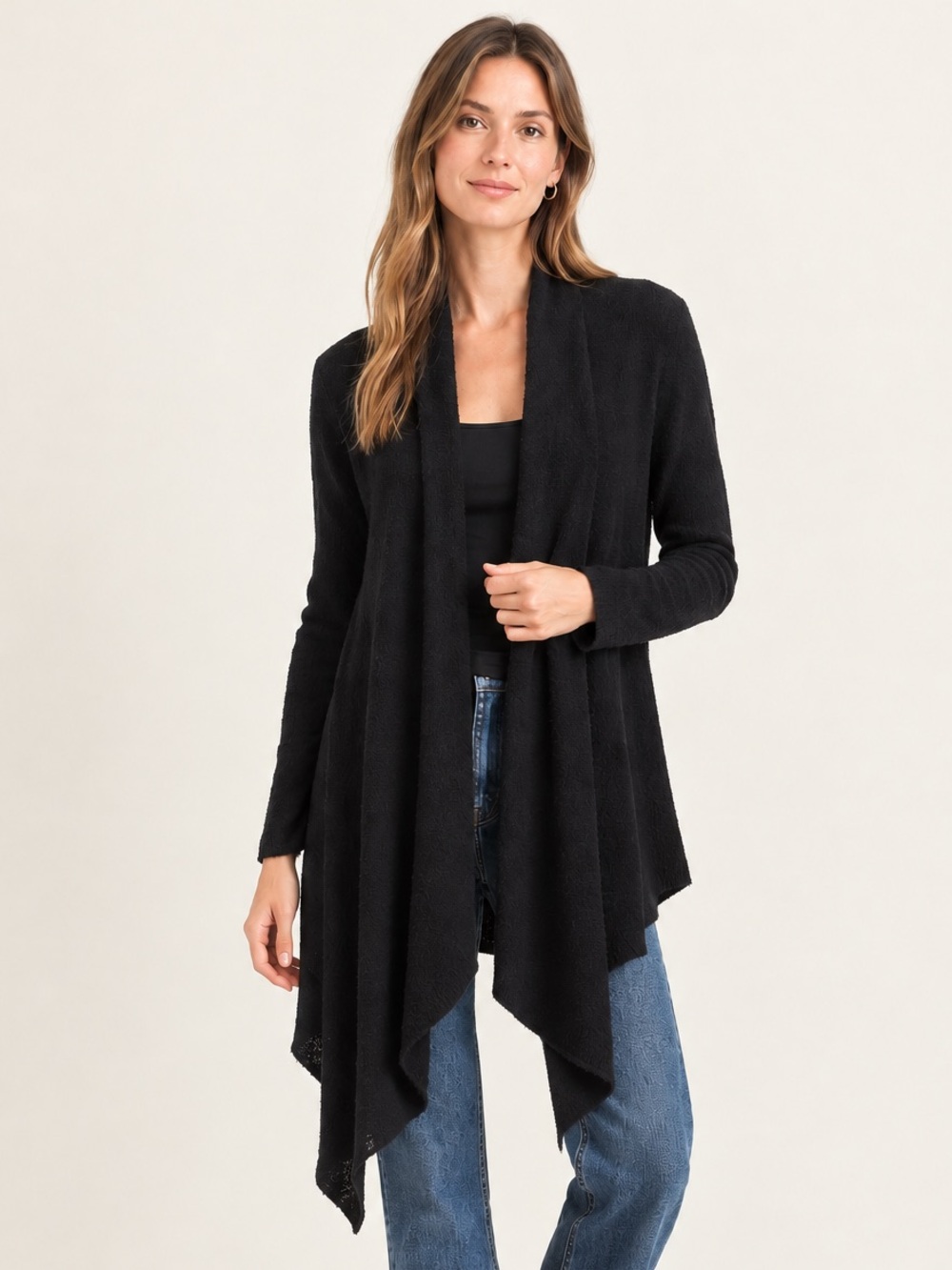 Rudsak Sz M-L Black Lagenlook Minimalist Low High Open Front Cozy Cardigan